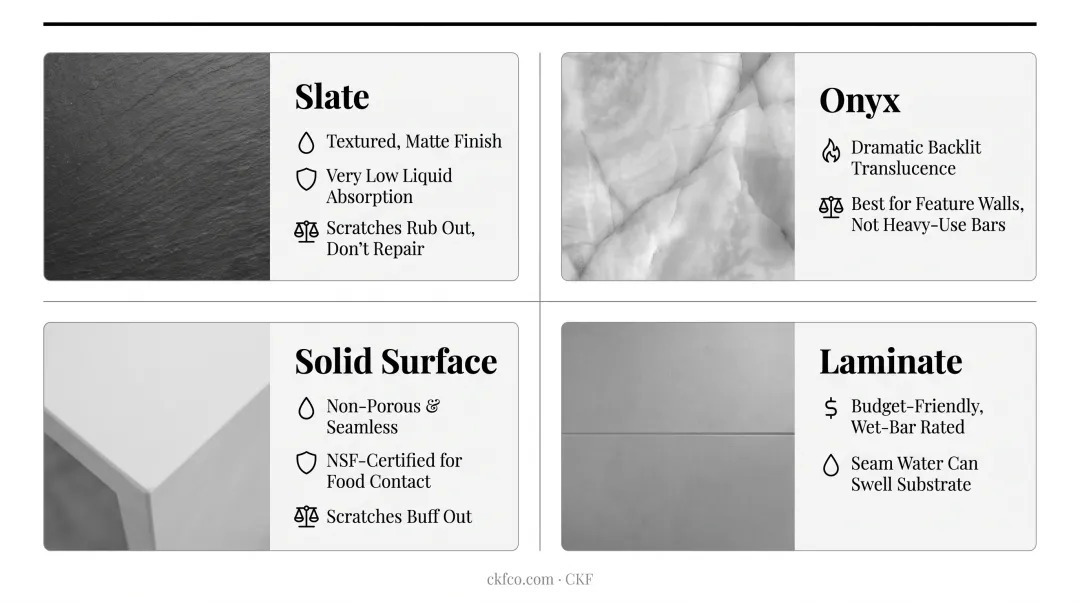 Comparison chart of bar countertop materials showing durability and maintenance needs