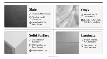 Comparison chart of bar countertop materials showing durability and maintenance needs