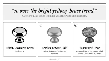 Comparison of bright brass brushed gold and unlacquered brass hardware finishes