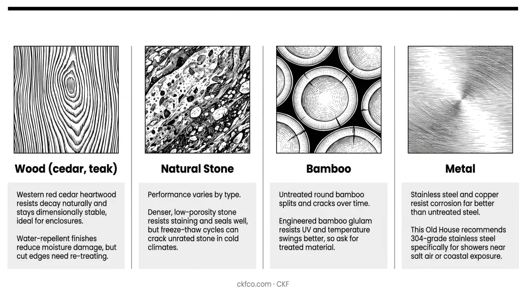 Wood stone bamboo and metal outdoor shower material comparison chart