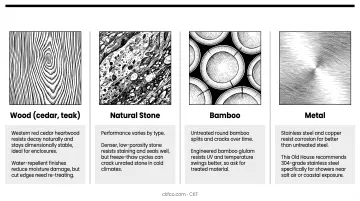 Wood stone bamboo and metal outdoor shower material comparison chart