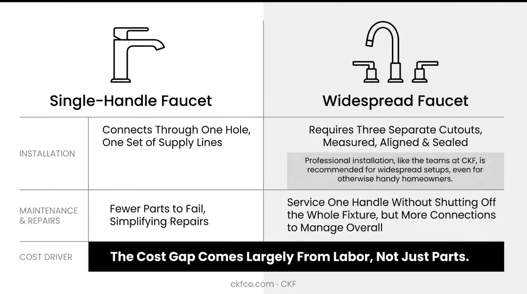 Single-handle versus widespread faucet comparison chart showing cost and installation differences