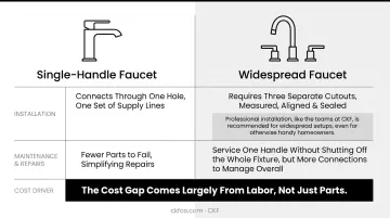 Single-handle versus widespread faucet comparison chart showing cost and installation differences