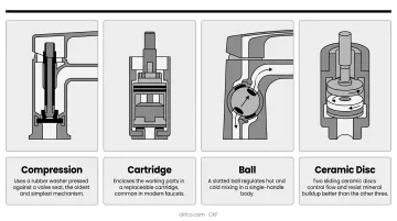 Four faucet valve types internal mechanism comparison diagram