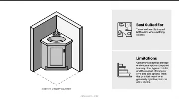 Six bathroom vanity types comparison chart showing storage and space needs