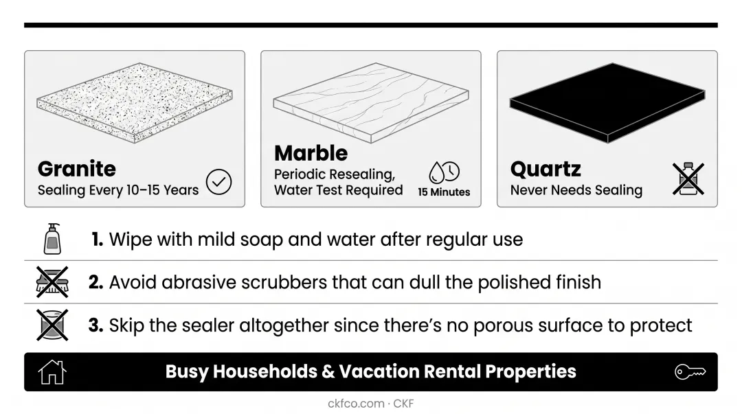 3-step daily quartz countertop maintenance routine infographic