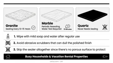 3-step daily quartz countertop maintenance routine infographic
