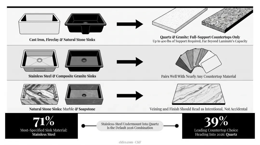 Sink material weight and countertop compatibility comparison infographic chart