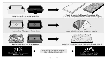 Sink material weight and countertop compatibility comparison infographic chart