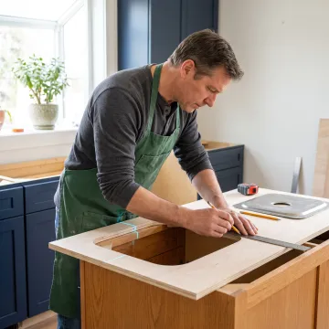 Craftsperson measuring a wood countertop sink cutout