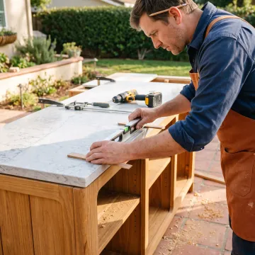 Craftsman building a wooden outdoor bar