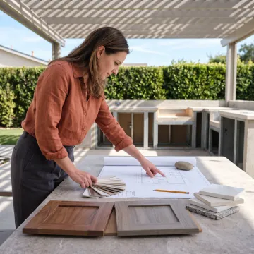 Designer reviewing outdoor living plans with countertop samples