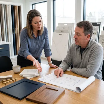 Designer reviewing cabinet and countertop samples
