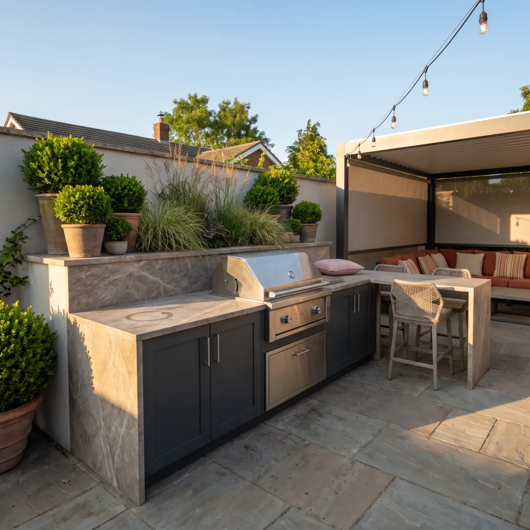 Outdoor living space with kitchen countertops and seating