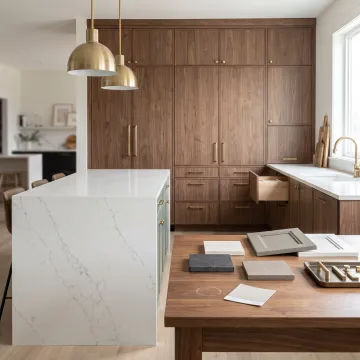 Artistic kitchen design with cabinets and quartz countertops
