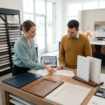 Kitchen designer reviewing cabinet and countertop samples