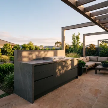 Outdoor living space with countertop and storage