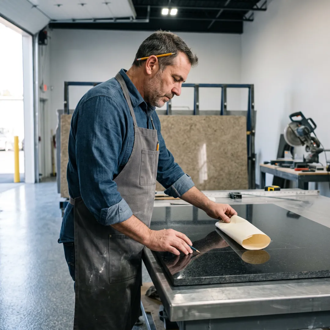 Stone craftsman planning granite installation