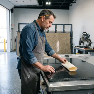 Stone craftsman planning granite installation