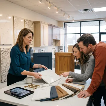 Designer reviewing cabinet and stone samples