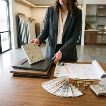 Designer reviewing outdoor kitchen plans and surface samples
