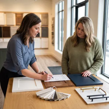 Cabinet designer reviewing kitchen plans with homeowner