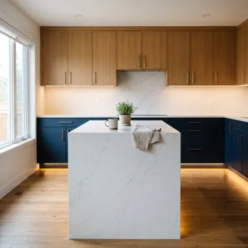Modern slab kitchen with quartz island and flat-panel cabinets
