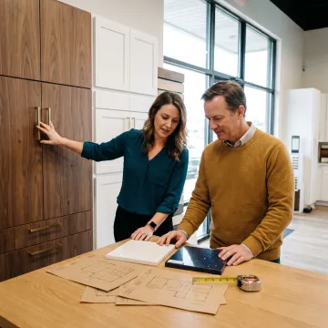 Kitchen designer reviewing slab cabinet and countertop samples