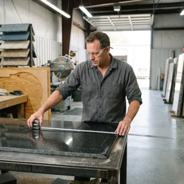 Countertop fabricator measuring stone slab
