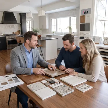 Designer reviewing kitchen cabinet and countertop samples
