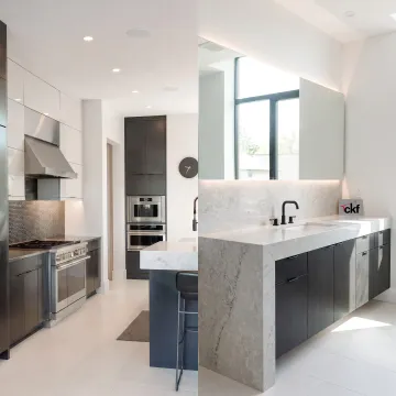 Modern kitchen and bathroom cabinetry with quartz countertops