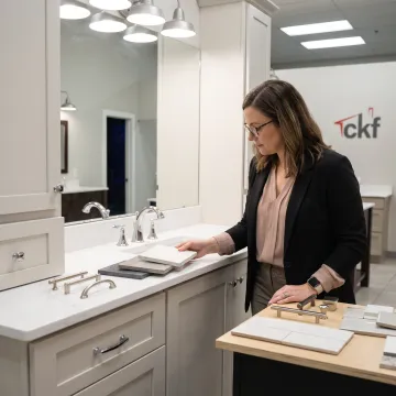 Designer reviewing bathroom vanity countertop samples