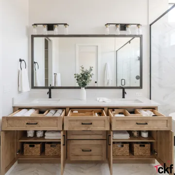 Modern bathroom with custom vanity and stone countertop