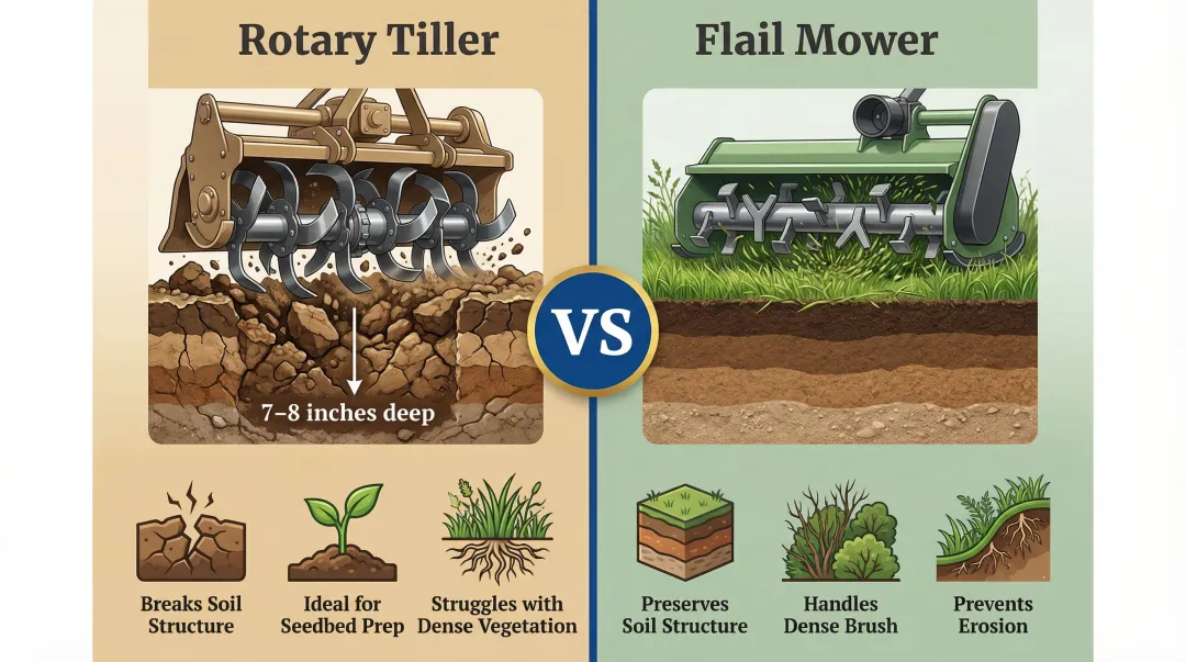 Tiller versus flail mower soil impact and vegetation handling side-by-side comparison