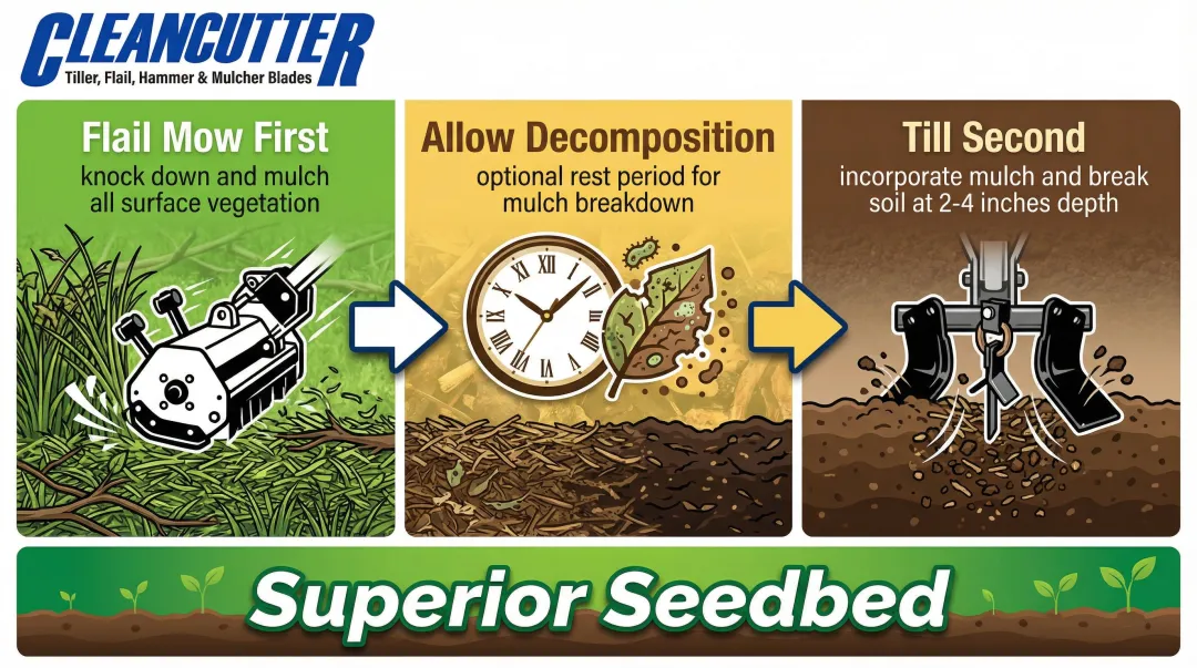Three-step flail mow then till sequential land clearing workflow process infographic