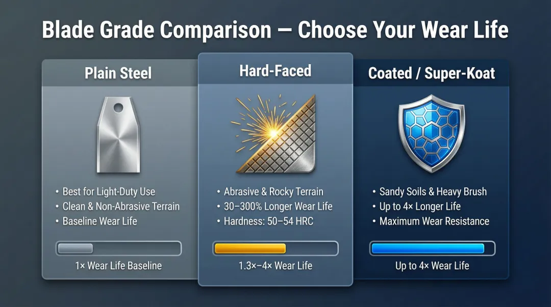 Three-tier flail mower blade steel grade comparison plain hard-faced and coated