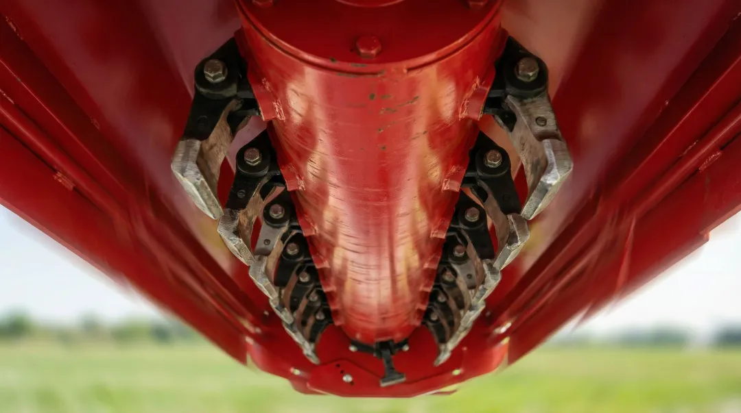Flail mower rotor drum with blades spinning at high RPM during operation