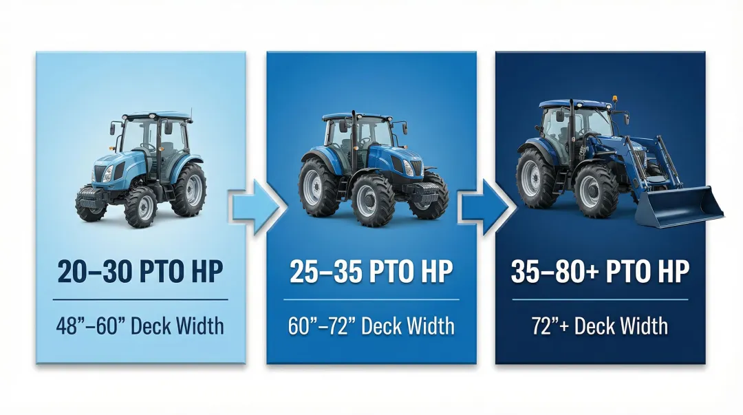 Flail mower cutting width to PTO horsepower matching guide by deck size
