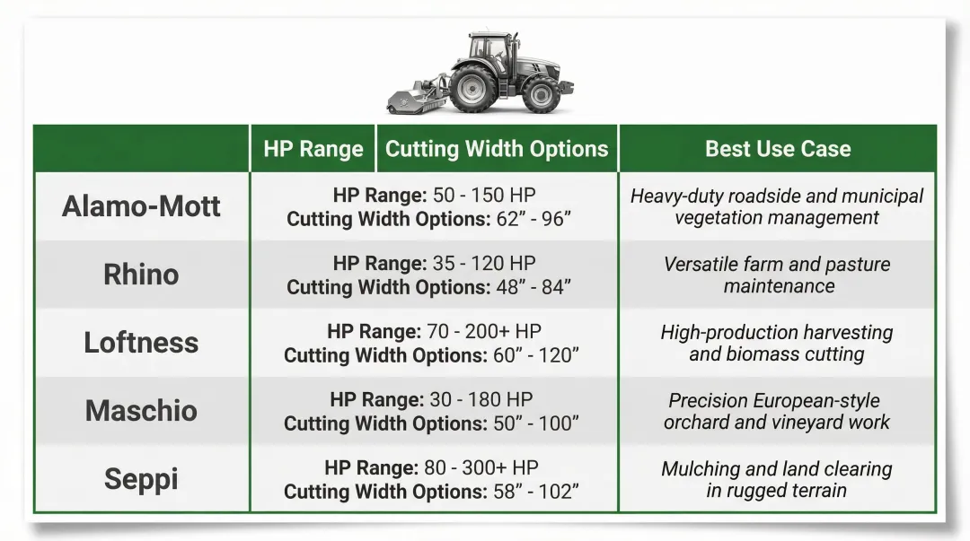 Five top flail mower brands compared by HP range cutting width and best use case
