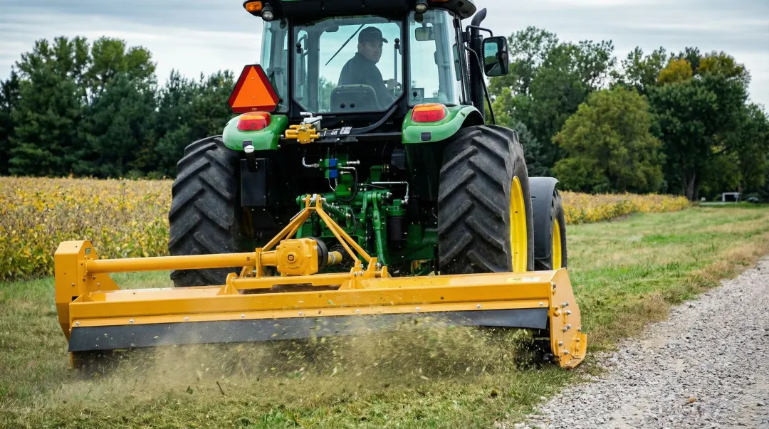 Heavy duty flail mower attached to utility tractor cutting dense field vegetation