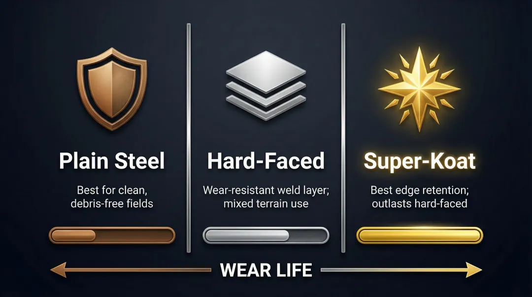 Three Y-blade hardness grades comparison plain hard-faced and Super-Koat flail mower blades