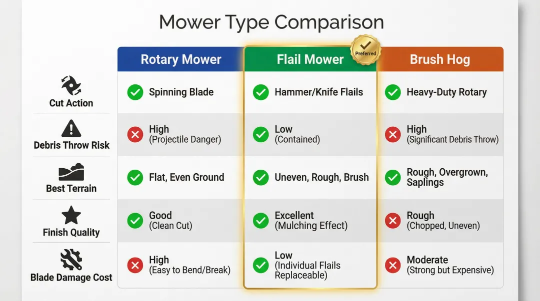 Rotary mower versus flail mower versus brush hog side-by-side comparison chart