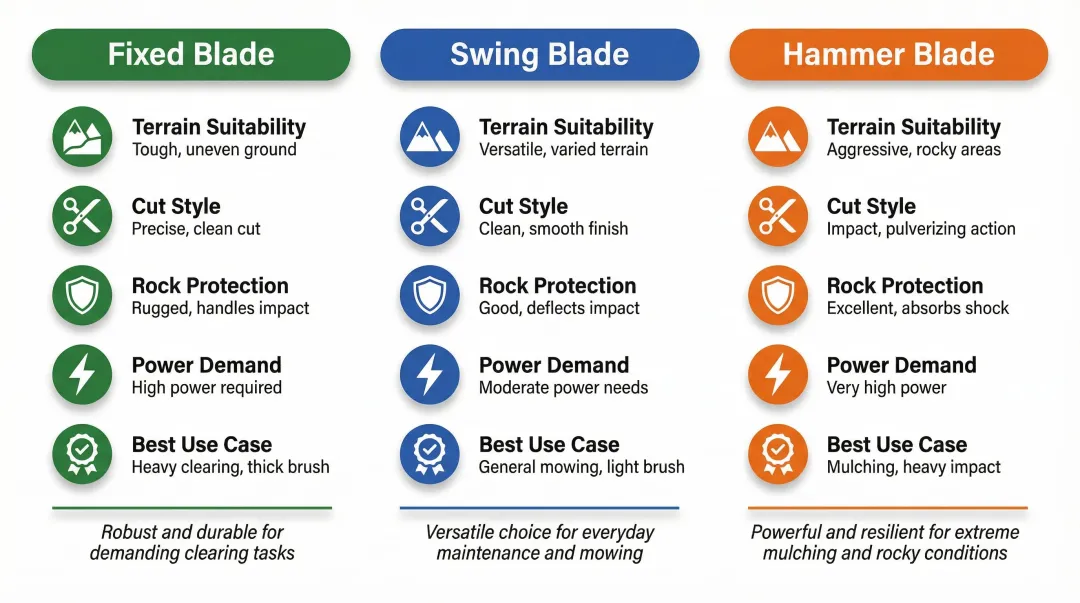 Fixed swing and hammer forestry mulcher blade types side-by-side comparison chart