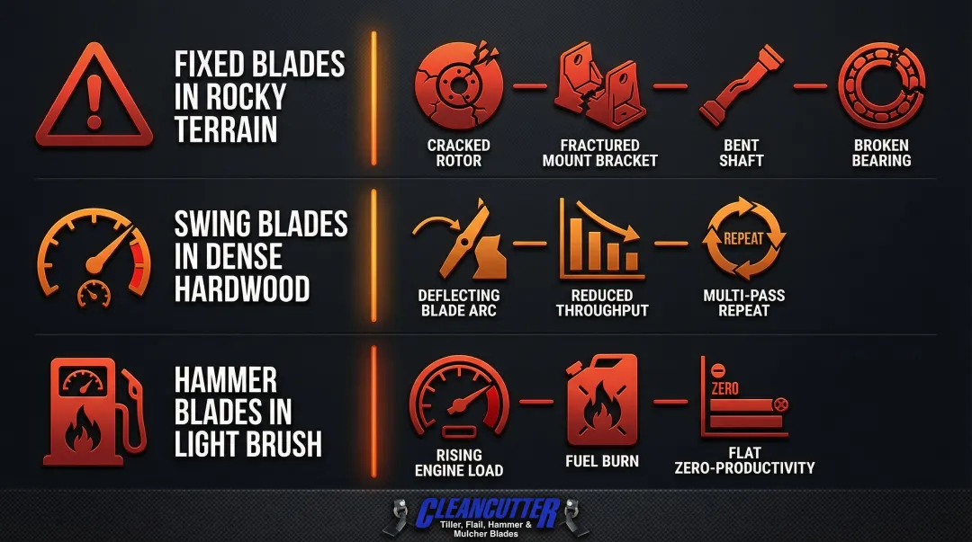 Three forestry mulcher blade mismatches showing terrain consequences and damage risks