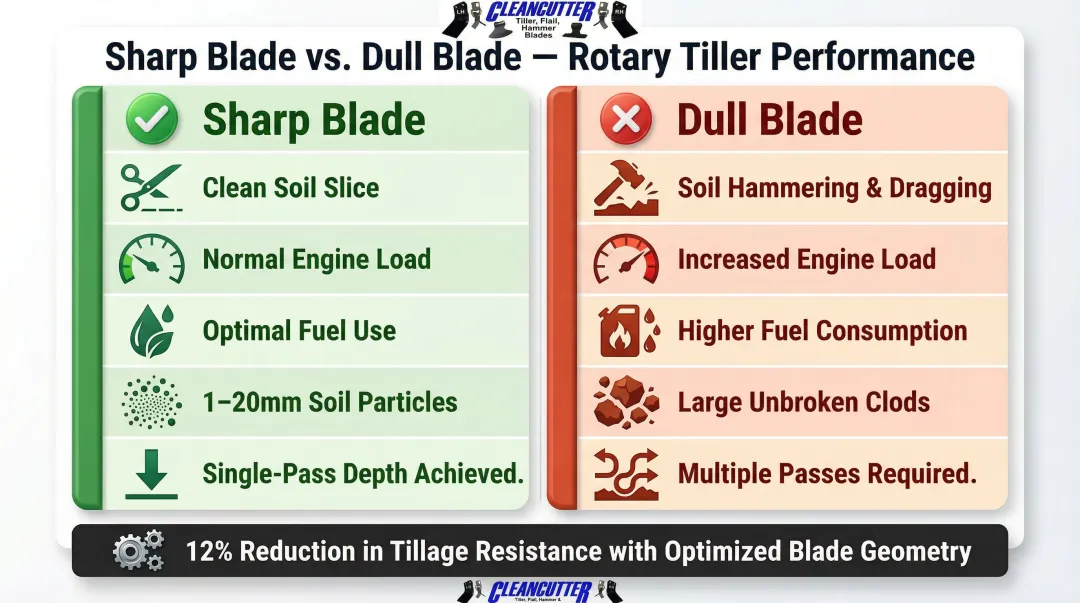 Sharp versus dull tiller blade performance impact comparison infographic