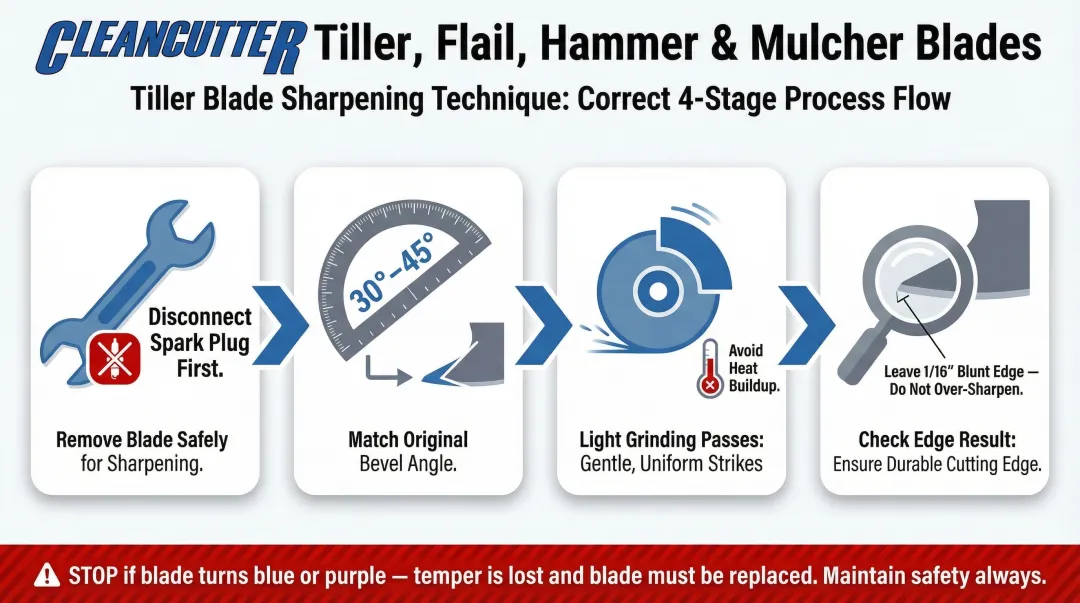 4-step rotary tiller blade sharpening technique process flow diagram