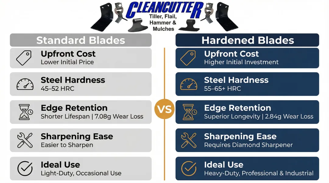 Standard versus hardened mower blade comparison chart with key attributes and costs