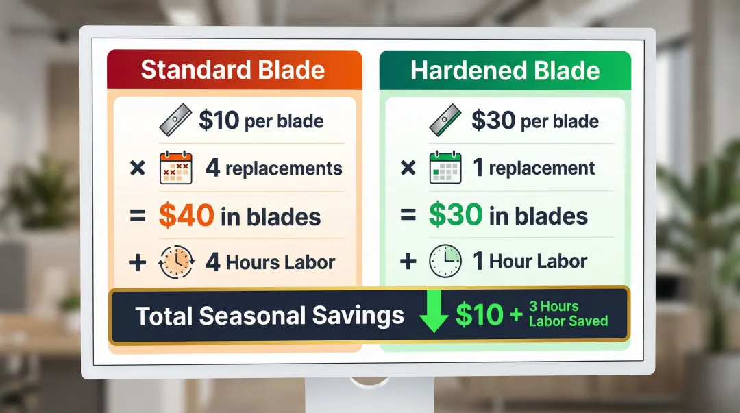 Standard versus hardened blade total seasonal cost comparison calculation breakdown infographic