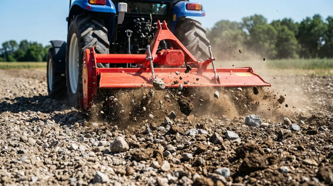 Rotary tiller blades operating in rocky abrasive agricultural soil field conditions