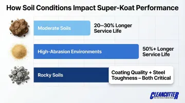 Super-Koat blade life extension percentage by soil condition comparison infographic